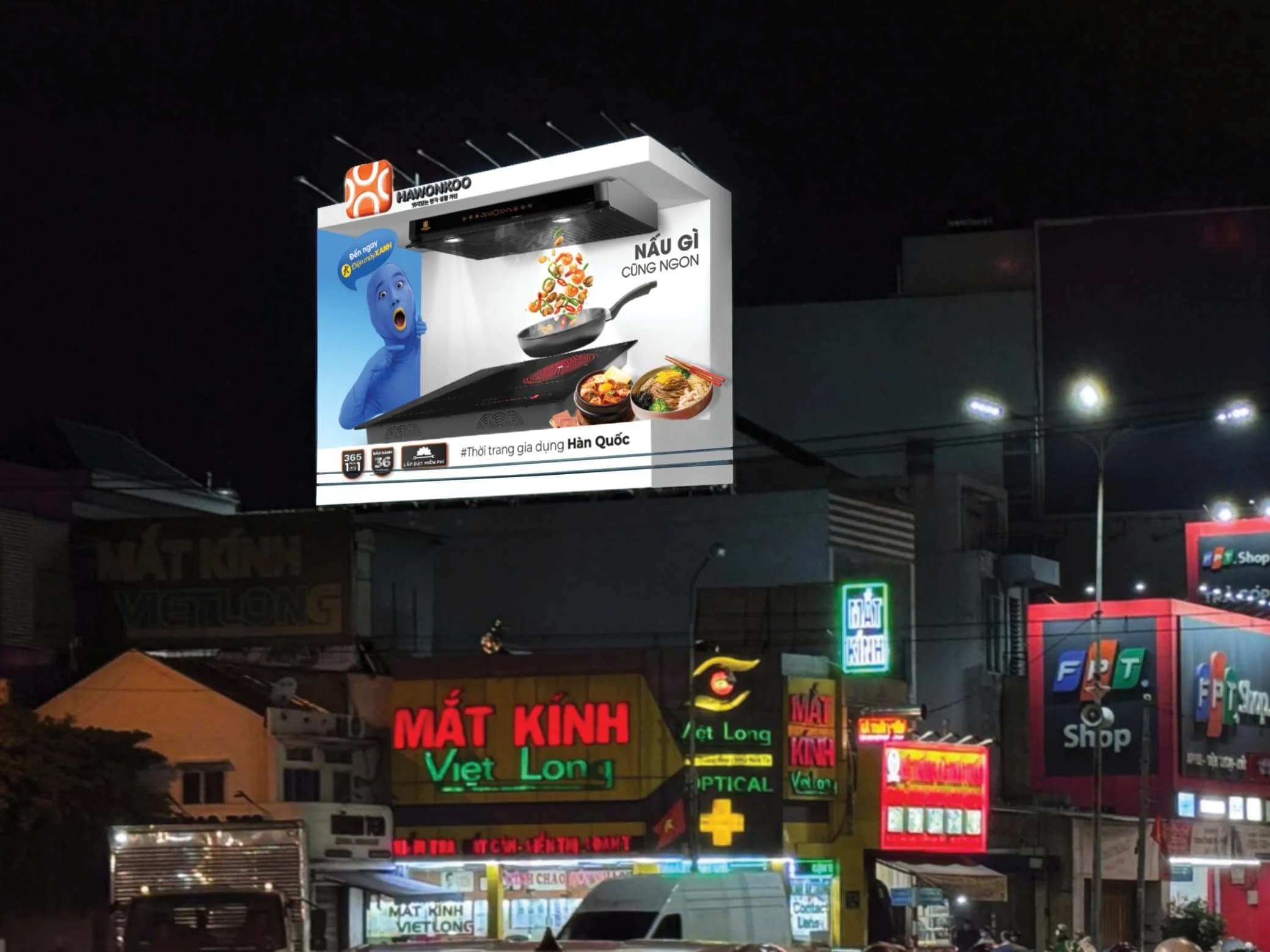 Billboard Hawonkoo × Điện Máy Xanh ban đêm tại TP. Bình Dương – 159 CMT8