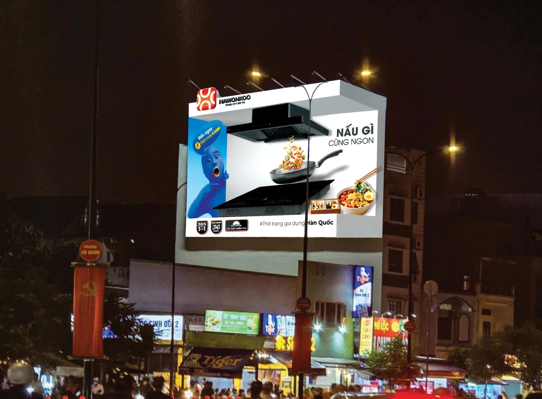 Billboard Hawonkoo × Điện Máy Xanh ban đêm tại Gò Vấp – 42 Dương Quảng Hàm, TP.HCM