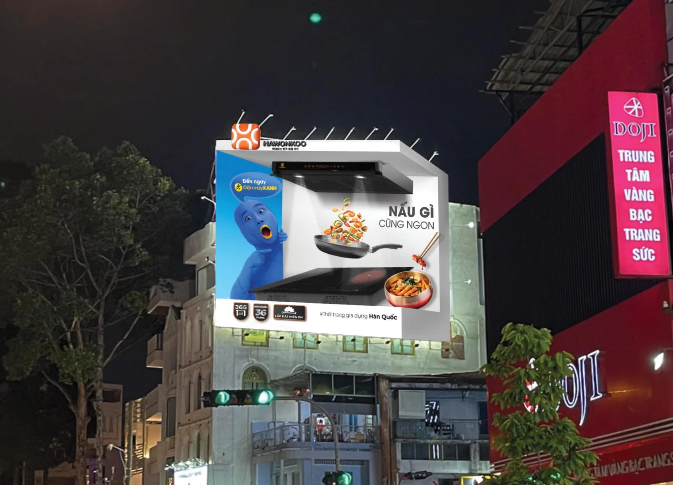 Billboard Hawonkoo × Điện Máy Xanh ban đêm tại Quận 10 – 227 Đường 3/2, Phường 10, Quận 10, TP.HCM